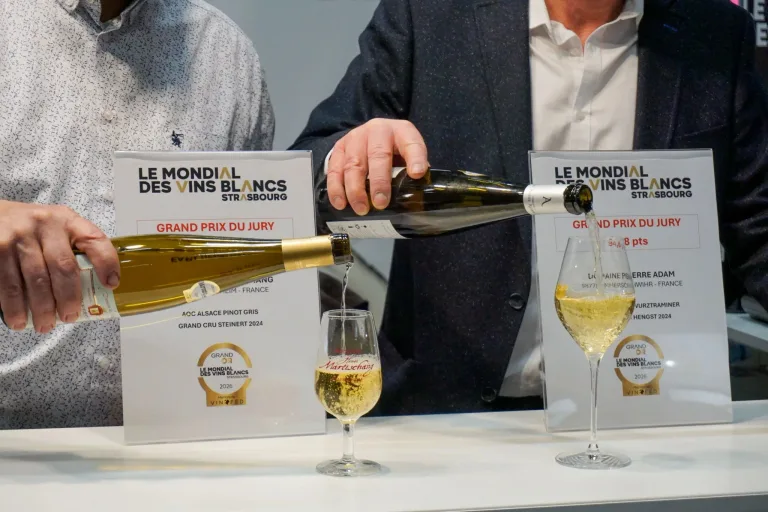 Grand Prix du Jury winners from Alsace pouring their award-winning wines at the 2026 Strasbourg competitions. © Bartosch Salmanski