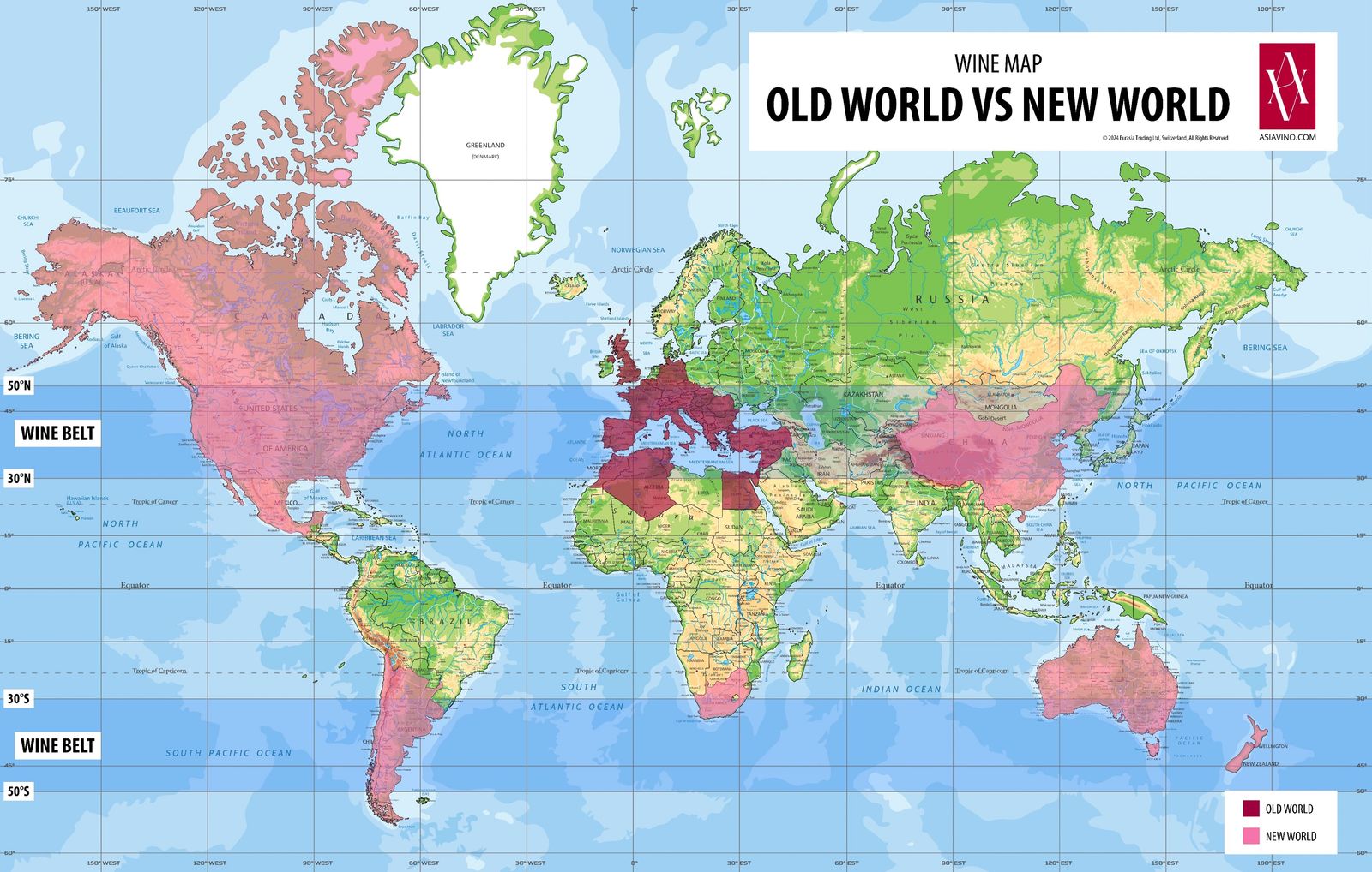 旧世界与新世界葡萄酒地图，主要位于传统纬度 30°至 50°葡萄酒带内。