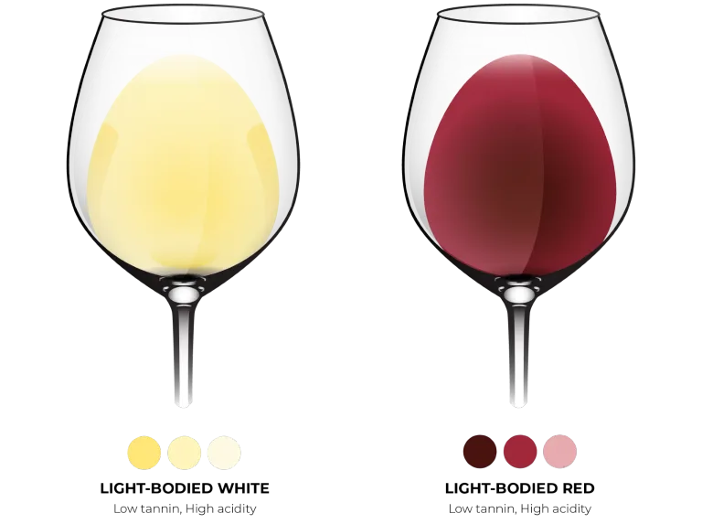 Fresh, crisp, and easy to drink, light-bodied wines offer lower alcohol, higher acidity, and a clean, gentle mouthfeel. Typical examples include Sauvignon Blanc, Pinot Grigio, Albariño, Vinho Verde, Pinot Noir, and Gamay.