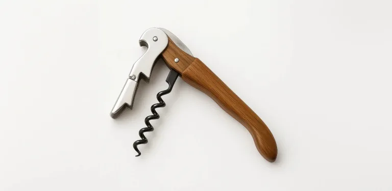 Use the double-hinged corkscrew to remove the cork smoothly in two controlled steps, ensuring a clean and professional extraction.