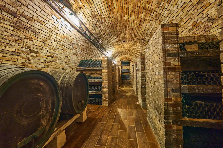 Oak casks and racks of archive bottles beneath the cellar's brick vaults.
