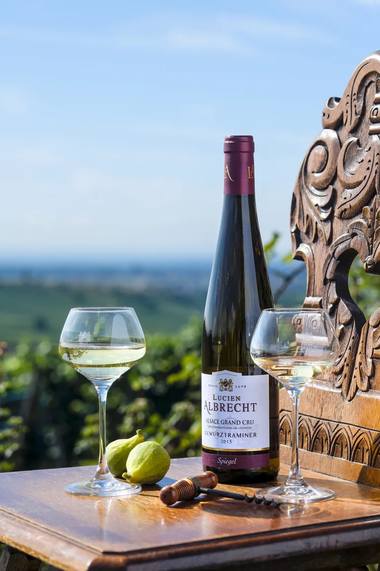 Lucien Albrecht Gewurztraminer Grand Cru Spiegel served on a terrace above the vineyards