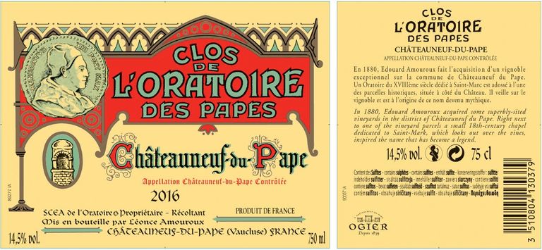 Clos de l’Oratoire des Papes Châteauneuf-du-Papeのラベル。旧世界の産地重視と、この歴史あるローヌの生産者の伝統を伝えます。