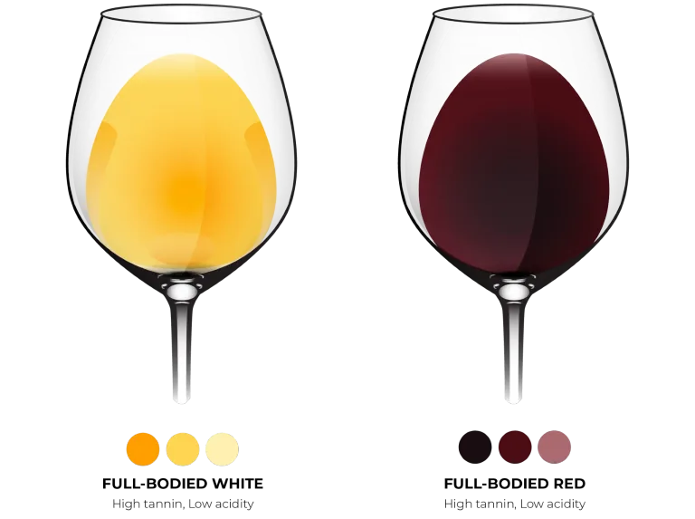 Rich, dense, and powerful, full-bodied wines deliver higher alcohol, firm tannins, and a deep, enveloping texture. Typical examples include Cabernet Sauvignon, Syrah, Malbec, Zinfandel, and fortified wines such as Port.