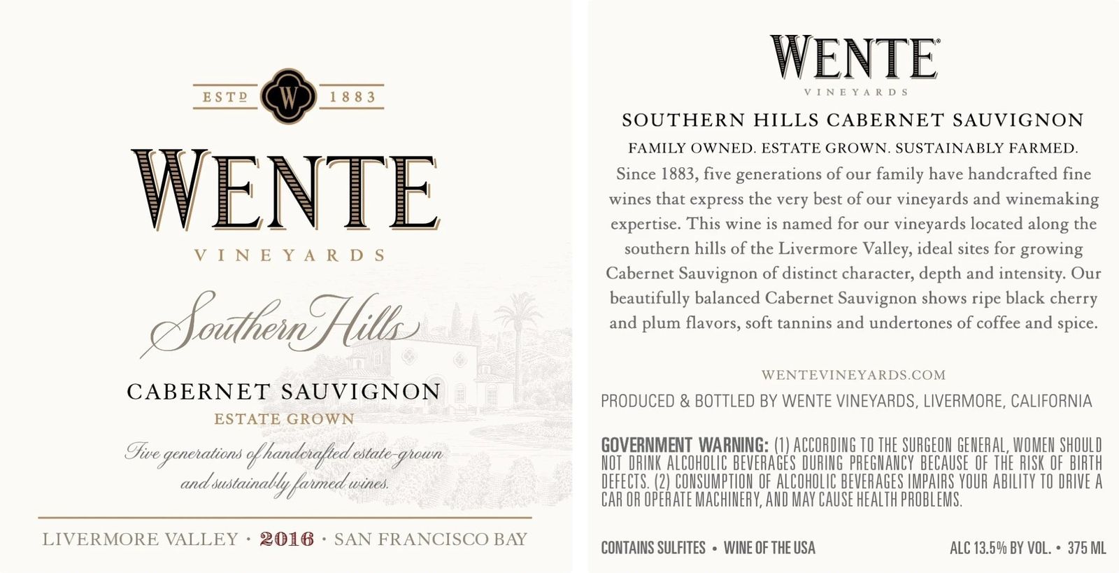 Wente VineyardsのSouthern Hills Cabernet Sauvignon 2016のラベル。品種とアペラシオンを明確に伝える新世界の表示を示します。