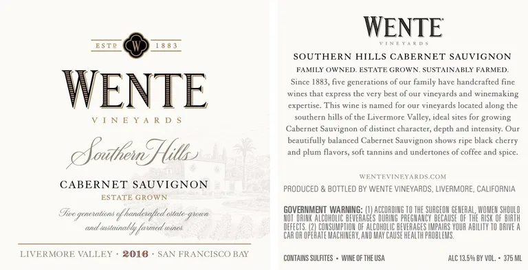Label of Southern Hills Cabernet Sauvignon 2016 from Wente Vineyards, showcasing the clear New World approach to varietal and appellation labelling.
