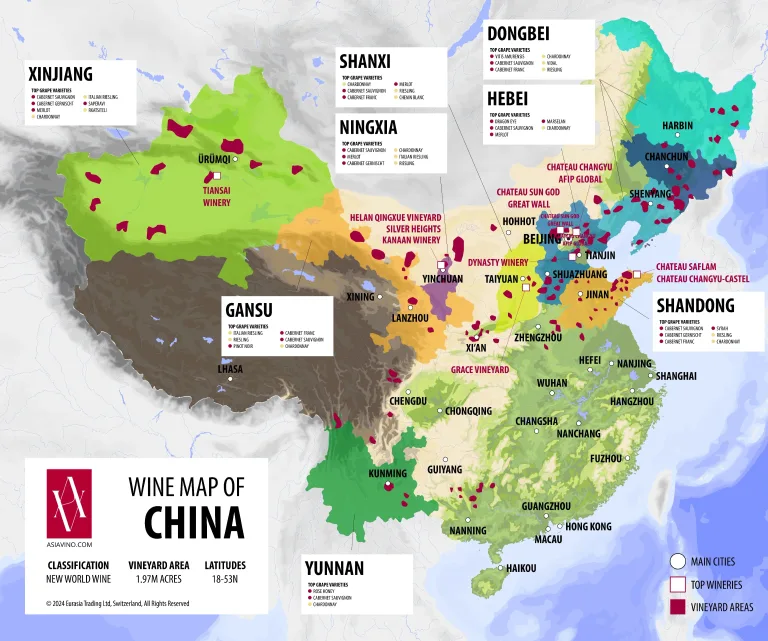 China’s major wine regions span coastal, continental, and high-altitude climates, creating one of the world’s most diverse viticultural landscapes.